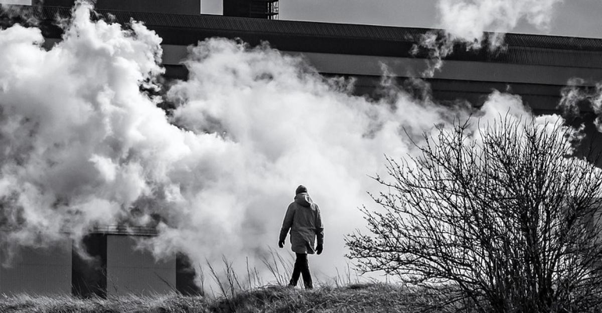 clouds, factory, man, walking, nature, ijmuiden, netherlands, black and white