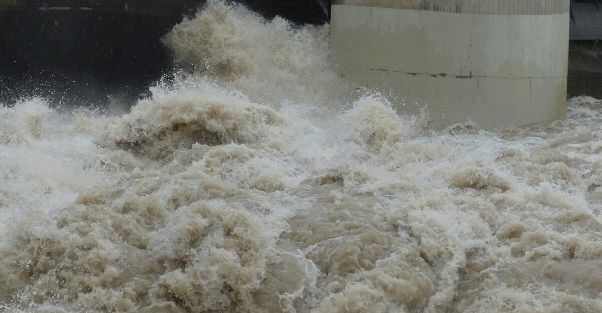 lock defense flood dam barrage power plant danube nature rainy weather cloudy rain wet precipitation flooding water water level peak waves splash swirl dangerous flow catastrophe flood disaster storm force of nature civil protection flood of the century climate change hydropower energy generation energy shipping