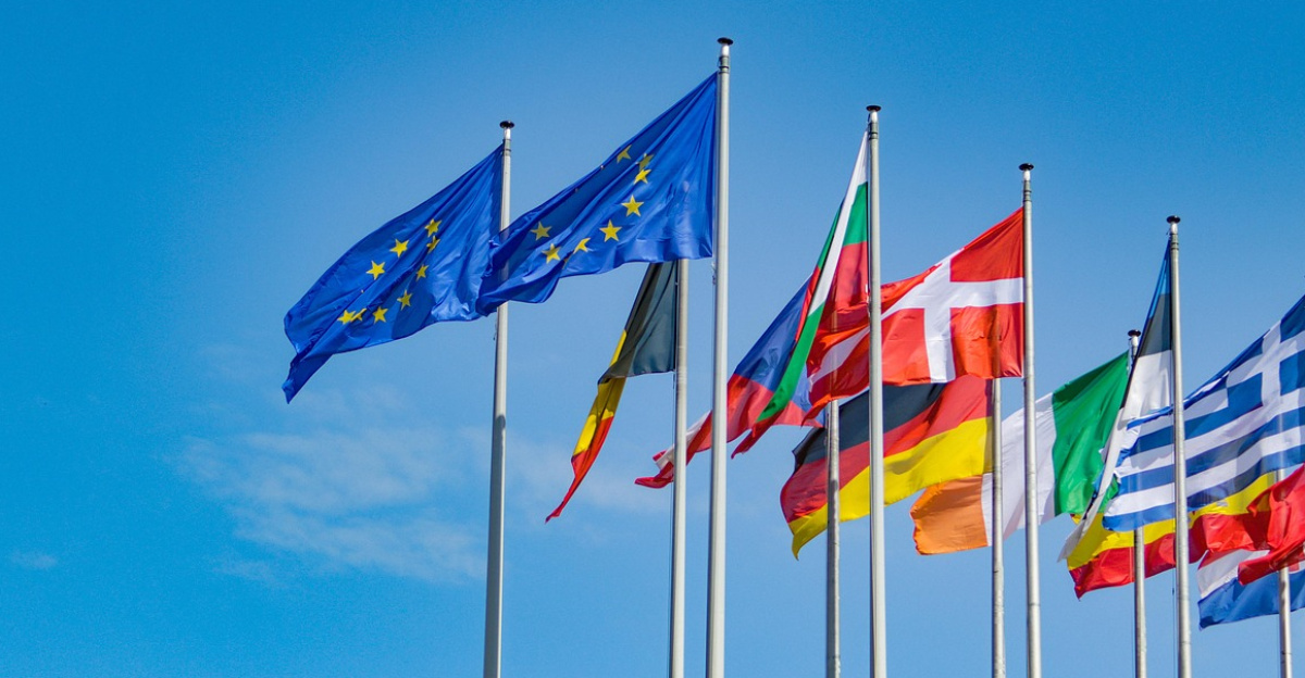 european union, european parliament, flags, flagpoles, eu, nature, countries, nations, national flags, symbol, sky