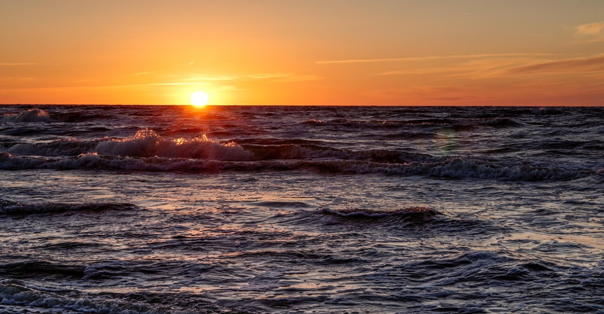 sea, ocean, sunset, the waves, holiday, summer, beach, heat, rest, calm sea, nature, water, clear skies, orange, poland, europe, the coast, wave, landscape, the horizon