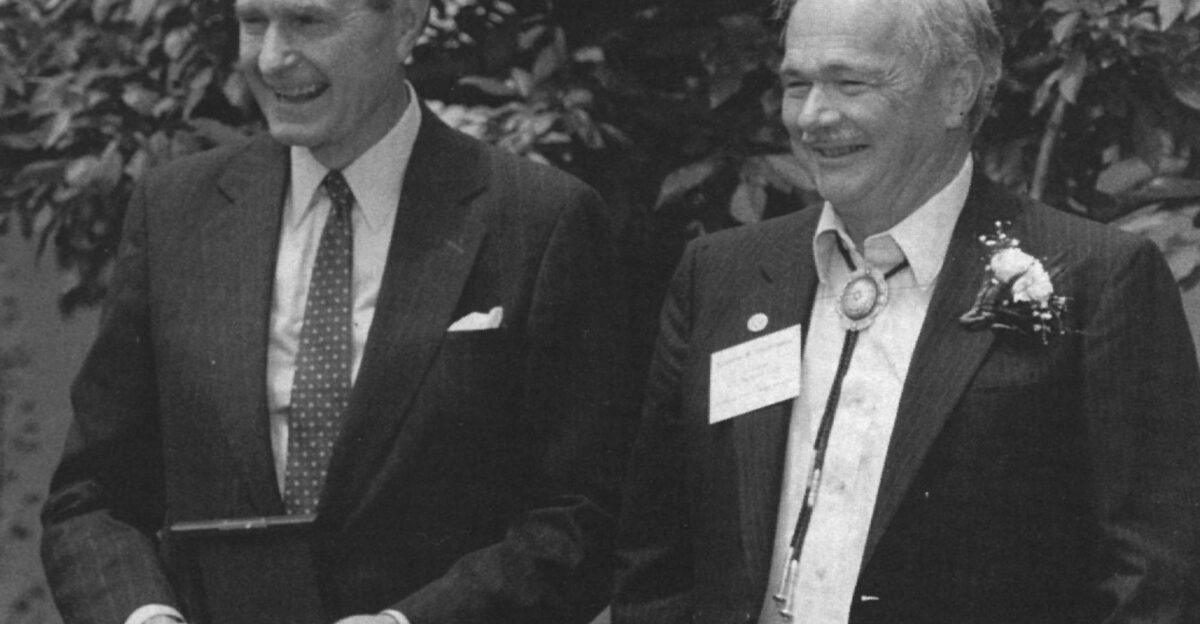 President George H W Bush left awards the National Medal of Science to Eugene Shoemaker during White House Rose Garden ceremony June 23 1992