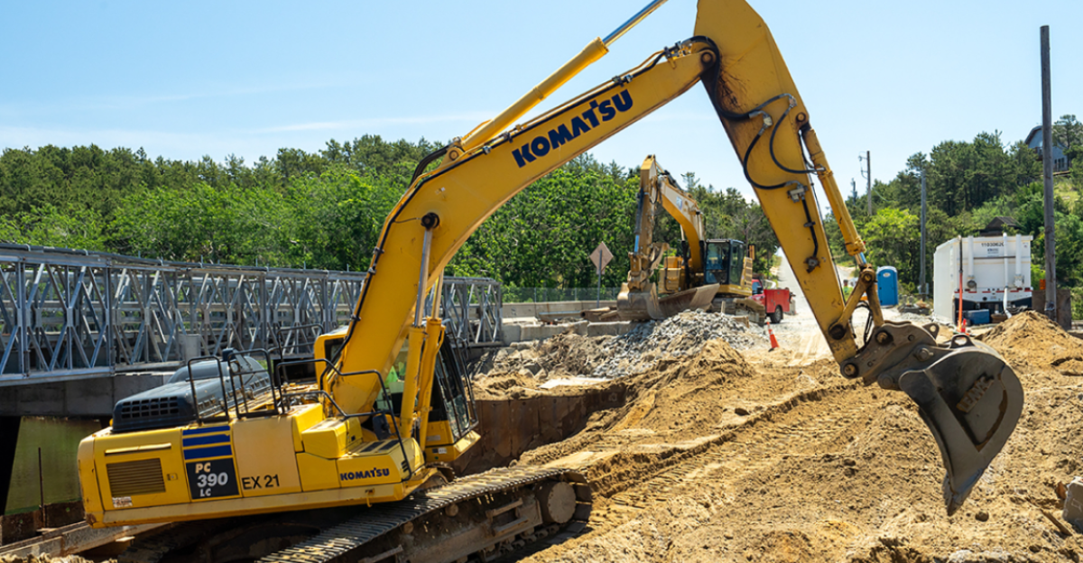Construction underway on the Herring River Restoration Project on Cape Cod, Massachusetts.