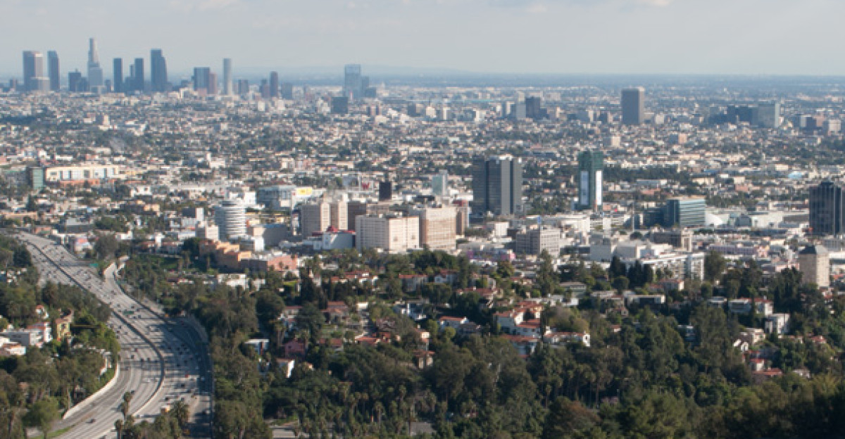 Hollywood Bowl and downtown Los Angeles seen from Mulholland Drive