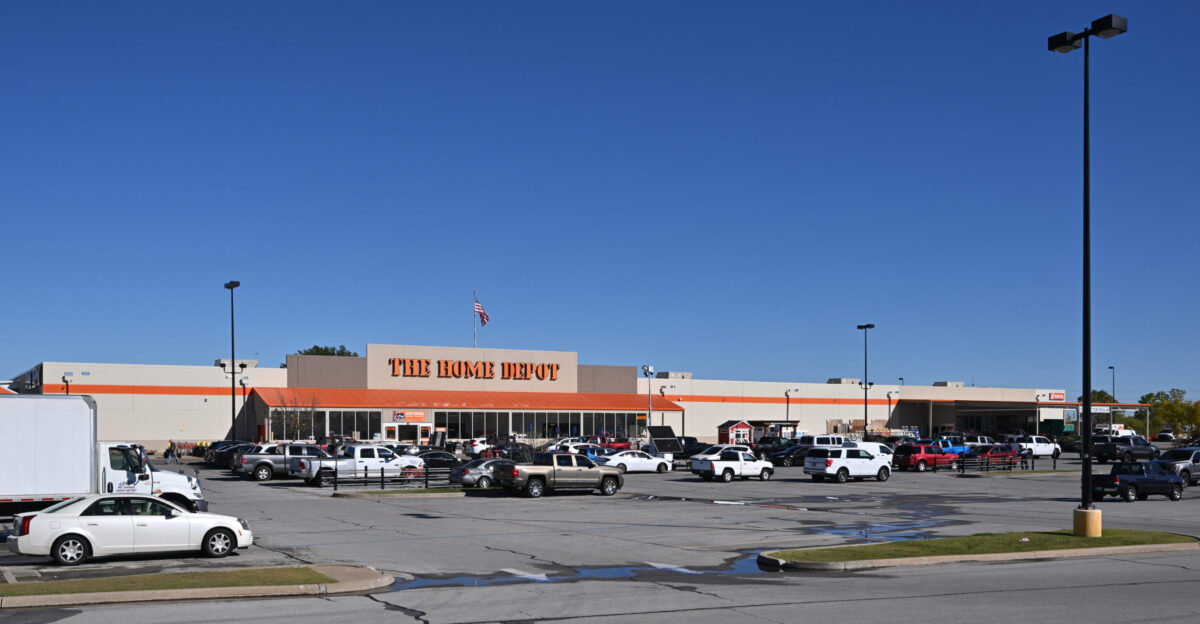 The front of Home Depot with the parking lot and the store building 4041 South Sheridan Road Tulsa Oklahoma 74112