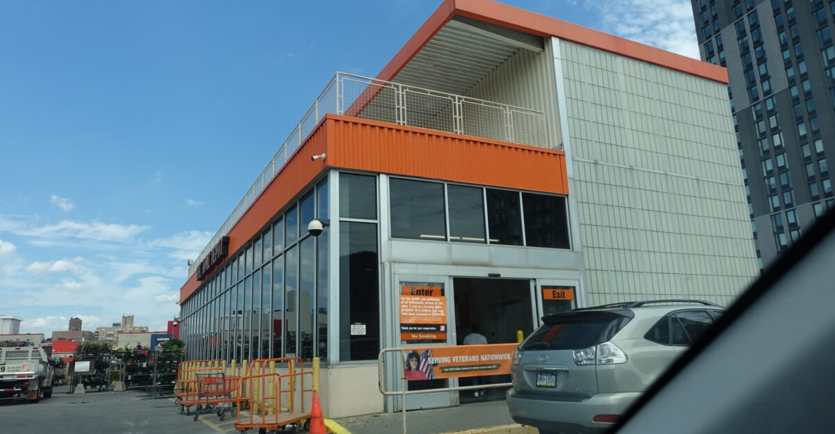 The entrance from rooftop parking lot into the Jamaica Home Depot above Archer Avenue between Merrick Boulevard and 168th Street in Jamaica Queens This reminds me of the former Douglaston Plaza Macy s which had or still has I suppose a similar box roof access point