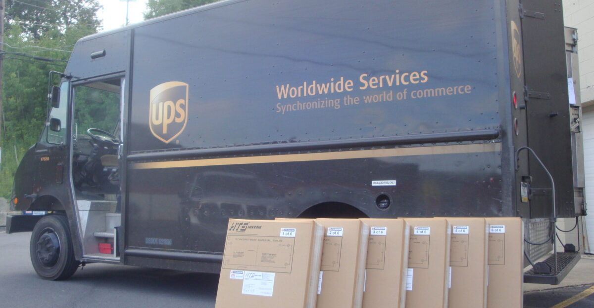 United Parcel Service package car prepares for HTS Systems customer pick-up in Pennsylvania
