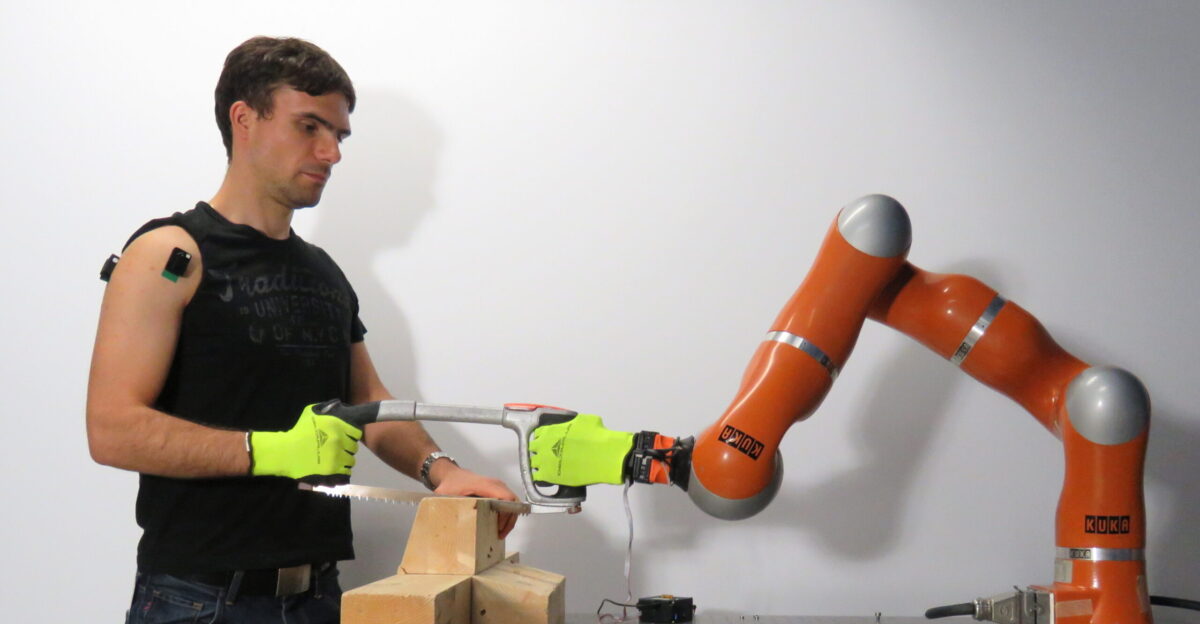 Collaborative human-robot sawing experiment performed at Italian Institute of Technology in 2016