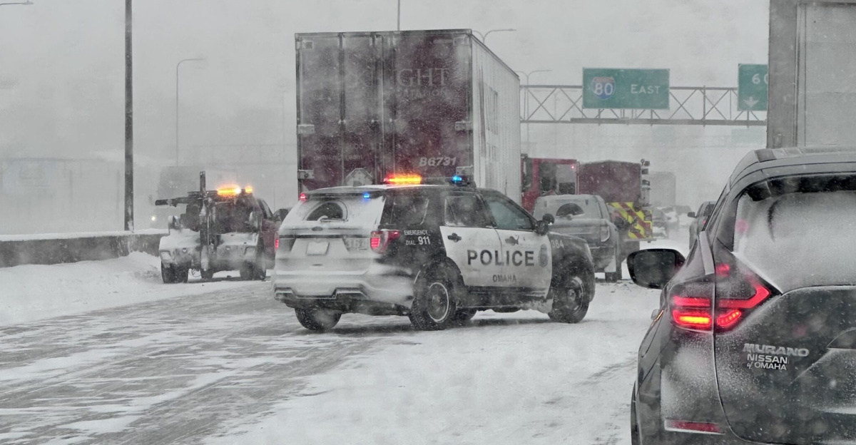 Accident on Interstate 80 in Omaha during the January 2024 winter storm