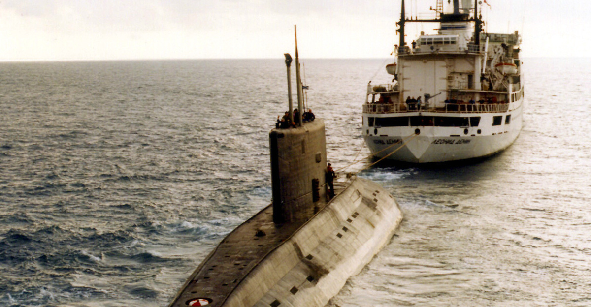A Russian-built, Kilo-class diesel submarine recently purchased by Iran, is towed by a support vessel in this photograph taken in the central Mediterranean Sea during the week of December 23. The submarine and the support ship arrived at Port Said, Egypt, on Tuesday and were expected to begin transiting the Suez Canal today, Jan. 2, 1996. Ships and aircraft from the U.S. Navy's Sixth Fleet are tracking the submarine, which has been making the transit on the surface. This is the third Kilo-class submarine the Iranians have purchased from Moscow.