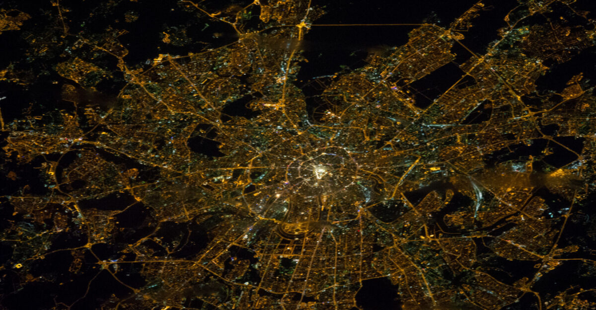 The spiderlike shape of Moscow Russia occupies most of this nighttime image photographed by the Expedition 38 crew members aboard the International Space Station The orbital outpost was at an altitude of about 240 miles 386 kilometers when a crew member recorded this image on Jan 29 2014