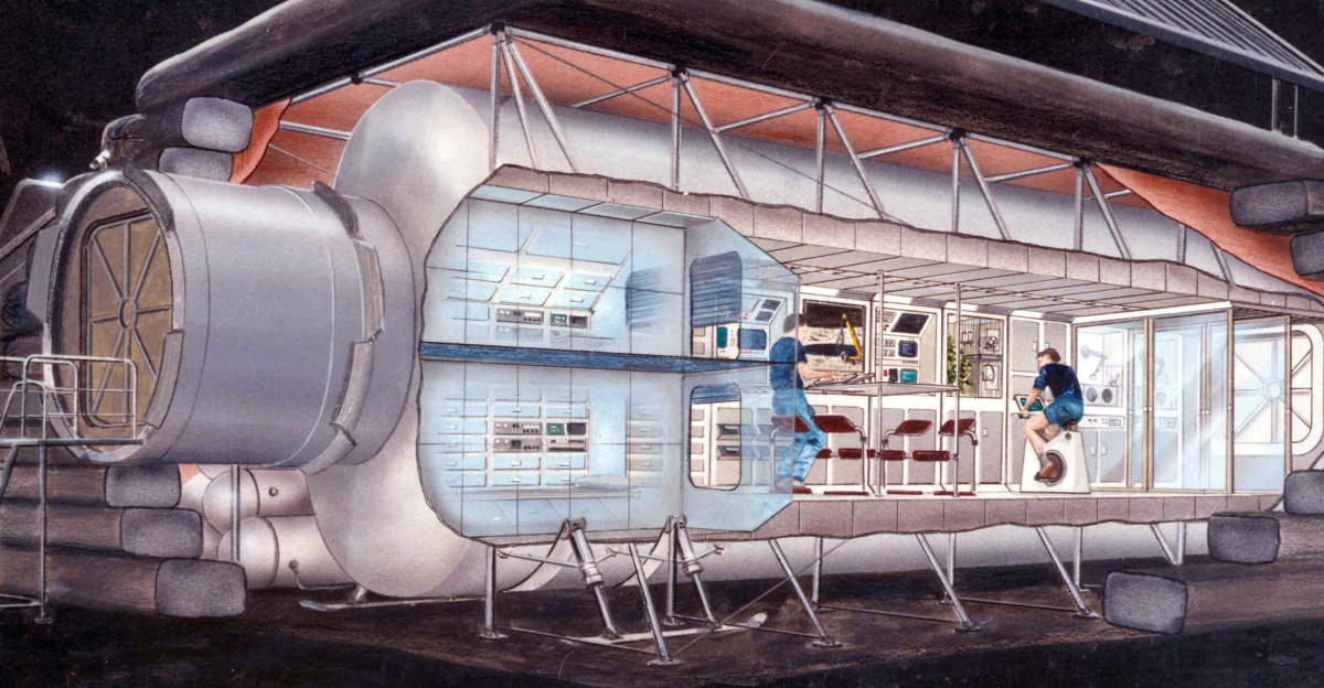 Early Lunar Outpost based on a module like those used for the International Space Station. Equipment is mounted in modular racks. Most equipment directly supports human life support, human health, and habitation.