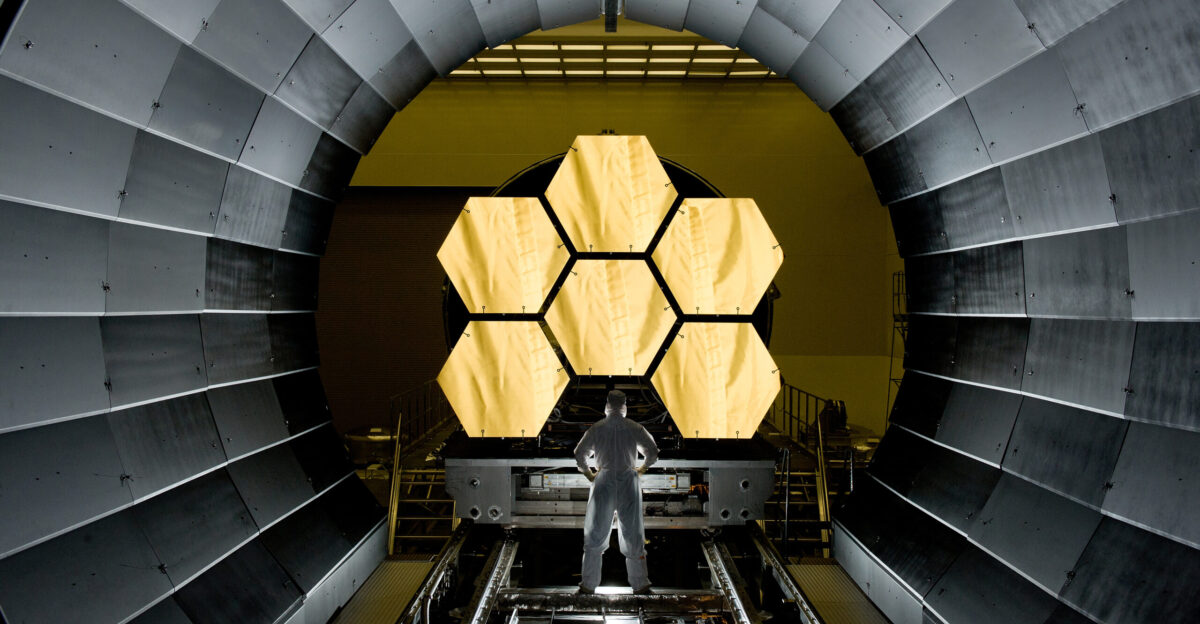 NASA engineer Ernie Wright looks on as the first six flight ready James Webb Space Telescope s primary mirror segments are prepped to begin final cryogenic testing at NASA s Marshall Space Flight Center