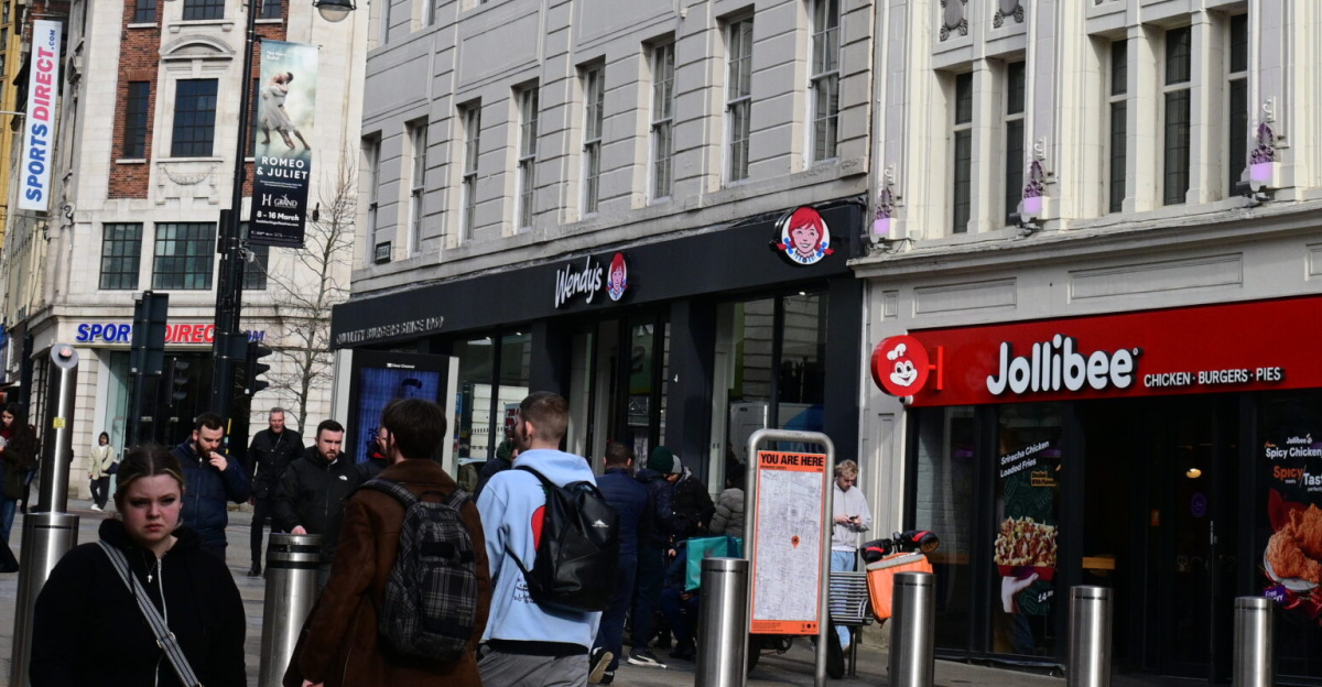 Neighbouring Jolilbee and Wendy's restauraunts on Briggate, Leeds.