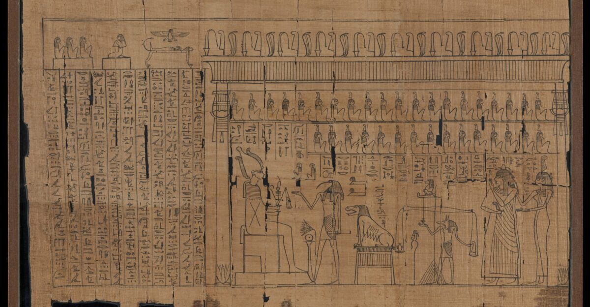 Judgement of the deceased Book of the Dead of Lady Neskhons Scroll Egyptian hieroglyphic script Egypt c 300 BC Chester Beatty Library Pap XXI 4
