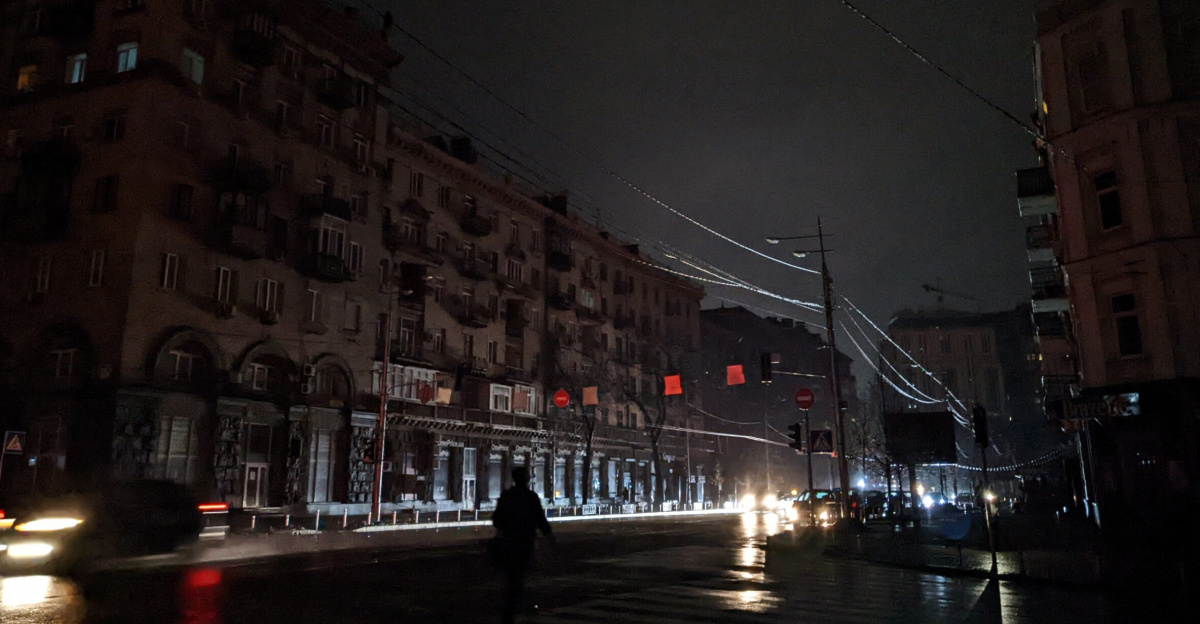Velyka Vasylkivska Street in Kyiv, Ukraine, on November 25, 2022, with no electricity in buildings and no streetlights after a series of Russian attacks against the energy infrastructure.