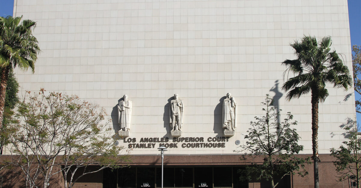 The Stanley Mosk Courthouse - the Grand Avenue entrance facade with bas-relief statues in the Civic Center Downtown Los Angeles California Renowned architect Paul R Williams lead the Late Moderne style building s design team and the courthouse was completed in 1958 The courthouse of the Superior Court of Los Angeles County