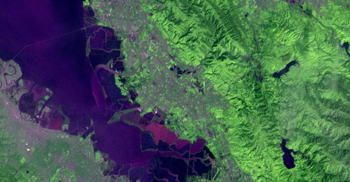 Landsat 3 s first image features a slice of Northern California on March 7 1978 San Jose sits in Santa Clara Valley touching the southernmost portion of San Francisco The area is shaken by earthquakes once or twice annually as just east of the city lays the Calaveras Fault The focused imagery showcases the urbanization of the valley which exploded in the 1970s as Silicon Valley grew