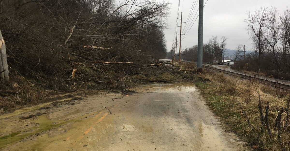 Landslide that occurred on Route 8 in Fort Thomas Kentucky leading to the road being blocked The slide took place close to the Aquaramp Marina