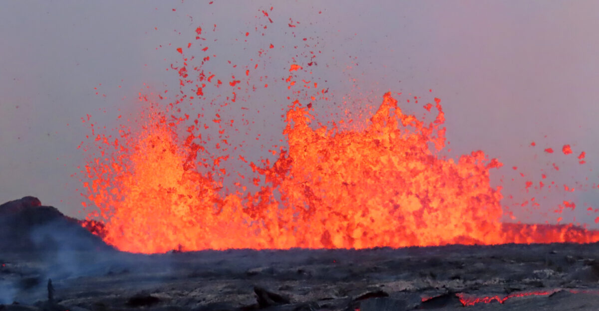 Lava fountaining in September 2023 at Hawaii s Kilauea Volcano public domain photo by Johanne Schmith provided by the United States Geological Survey Mt Kilauea is the world s most active volcano It sits atop the Hawaii Hotspot in the central Pacific Ocean It had a decades-long eruption from 1983 to 2018 with intermittent low-intensity eruptions since then Kilauea lavas are basaltic in composition but the physical appearance of Kilauea s output varies Many of Kilauea s ongoing basaltic eruptions have occurred along its East Rift Zone a fracture system extending eastward from the summit vent area Image caption from the United States Geological Survey slightly edited for clarity Hawaiian Volcano Observatory geologists observed the new eruption within Kilauea s summit caldera during an eruption-monitoring overflight the morning of September 11 2023 Multiple minor fountains remain active in the eastern portion of Halemaumau Crater s floor and on the downdropped block within Kilauea s summit caldera The line of vents stretches approximately 0 8 miles 1 4 kilometers from the eastern part of Halemaumau Crater s floor extending into the east wall of the downdropped block Lava fountain heights have decreased since the eruption onset but remain up to about 32-50 feet 10-15 meters high this morning Locality summit caldera of Kilauea Volcano southeastern Hawaii USA