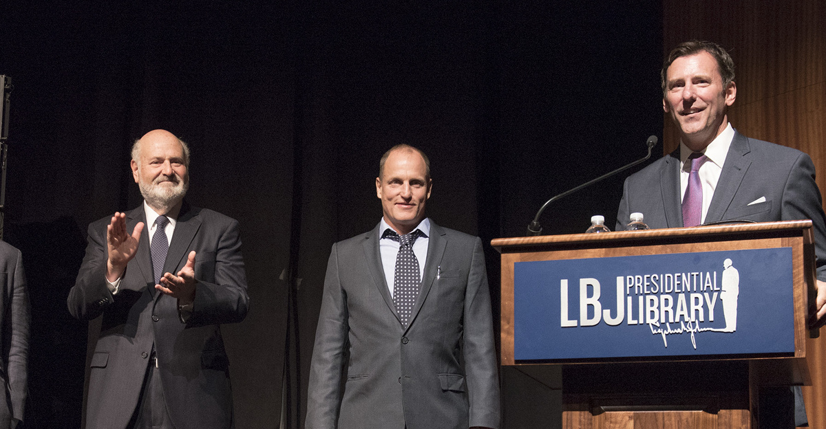 <p>Director of the LBJ Presidential Library, Mark Updegrove, right, introduces producer Matthew George, left, writer Joey Hartstone, director Rob Reiner, and actor Woody Harrelson before a screening of their new film, LBJ, on Saturday October 22, 2016 in the LBJ Auditorium at the LBJ Library in Austin, Texas.
</p>
LBJ Library photo by Jay Godwin