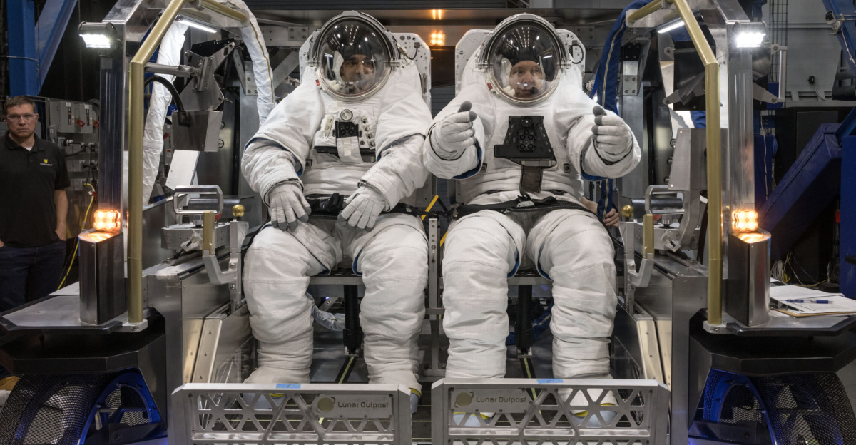 NASA astronauts Raja Chari (left) and Randy Bresnik (right) sit inside Lunar Outpost’s Eagle lunar terrain vehicle evaluating the seat configuration during testing at NASA’s Johnson Space Center. Image Credit: NASA/David DeHoyos