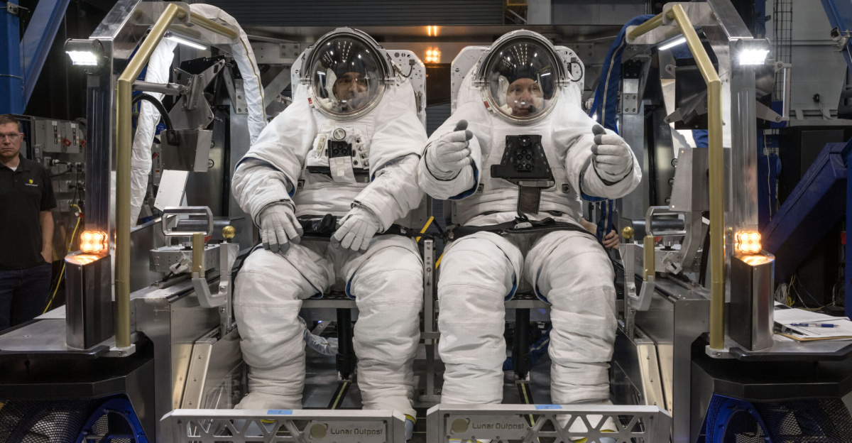 NASA astronauts Raja Chari (left) and Randy Bresnik (right) sit inside Lunar Outpost’s Eagle lunar terrain vehicle evaluating the seat configuration during testing at NASA’s Johnson Space Center. Image Credit: NASA/David DeHoyos