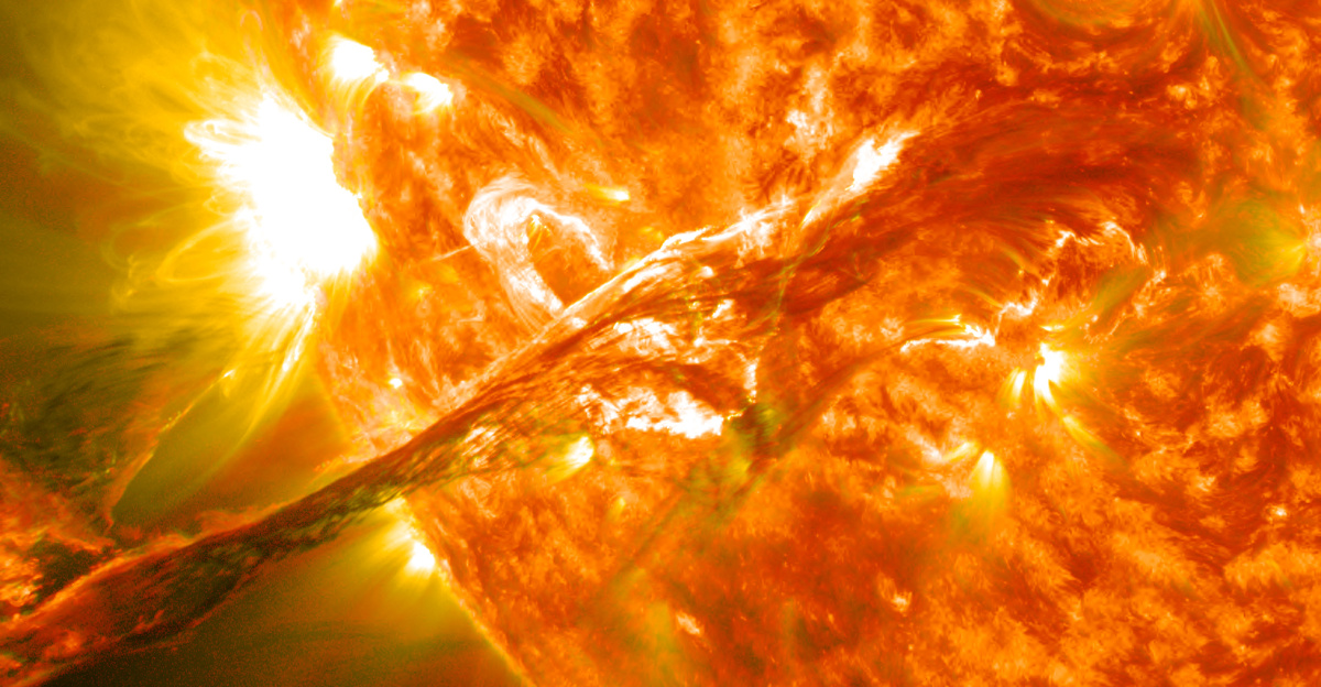 On August 31, 2012 a long filament of solar material that had been hovering in the sun's atmosphere, the corona, erupted out into space at 4:36 p.m. EDT. The coronal mass ejection, or CME, traveled at over 900 miles per second. The CME did not travel directly toward Earth, but did connect with Earth's magnetic environment, or magnetosphere, causing aurora to appear on the night of Monday, September 3. Pictured here is a lighten blended version of the 304 and 171 angstrom wavelengths taken from the <a href="https://en.wikipedia.org/wiki/Solar_Dynamics_Observatory" class="extiw" title="en:Solar Dynamics Observatory">Solar Dynamics Observatory</a>. Cropped
