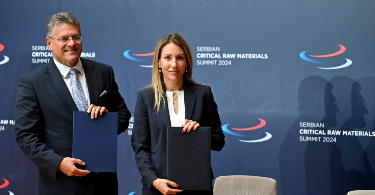 Maros Sefcovic Executive Vice-President of the European Commission for the European Green Deal and Dubravka Djedovic Handanovic Serbian Minister for Mining and Energy sign the Memorandum of Understanding between the European Union and the Republic of Serbia on a Strategic Partnership on Sustainable Raw Materials Battery Value Chains and Electric Vehicles in Palace of Serbia in Belgrade on July 19 2024