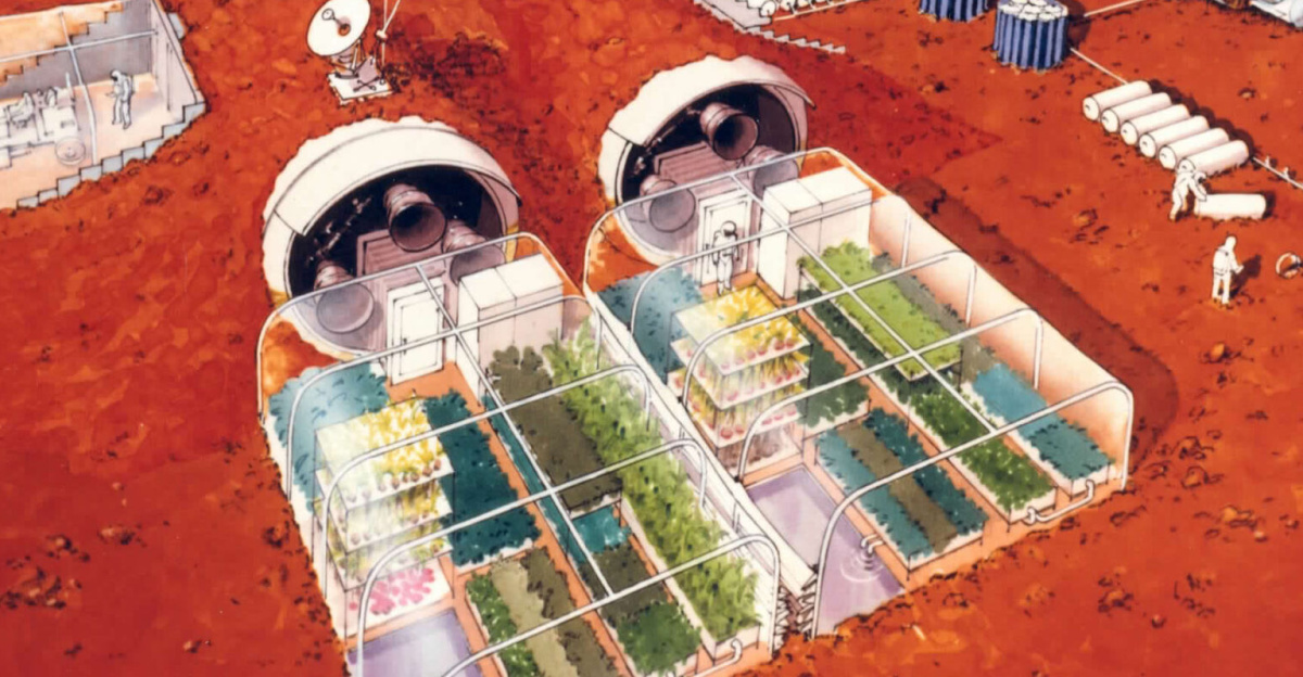 Artist's concept of living quarters covered with soil to shield the crew from the sun’s radiation. The extended base has greenhouse and a pressurized work facility where full spacesuits would not be required. This artist conception (being released by NASA) was provided by CASE FOR MARS, an independent organization concerned with a Mars mission.