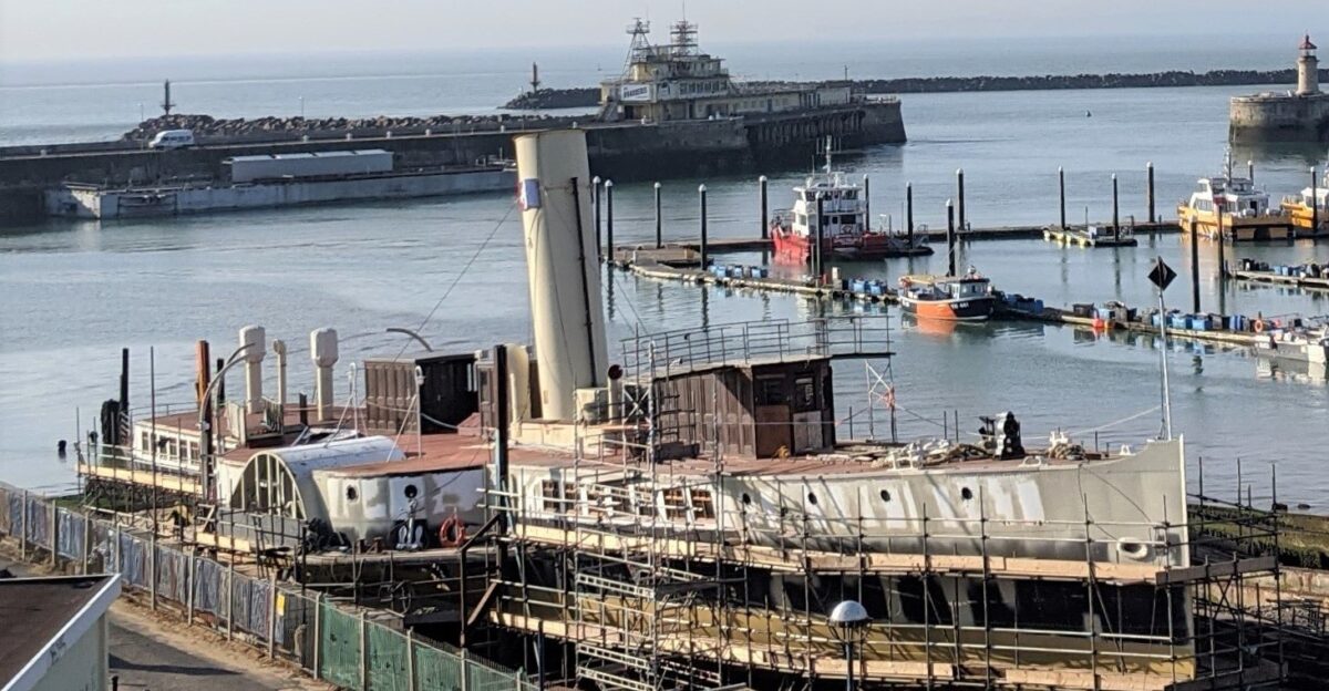 PS Medway Queen undergoing repairs in Ramsgate Harbour Kent England September 2021