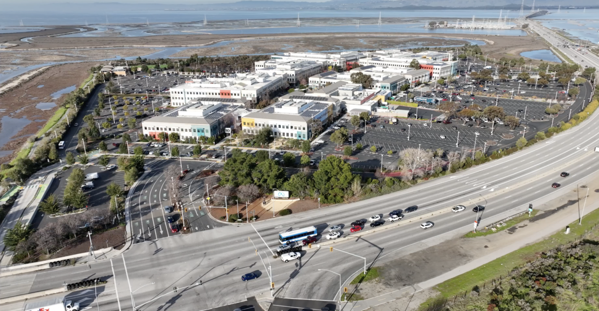 An Aerial view of Meta s Main Headquarters with the famed sign in view Taken on a DJI Mavic 3 Classic screenshotted from a video