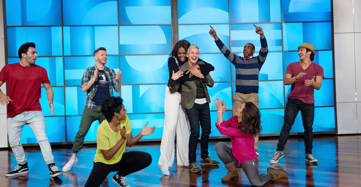 First Lady Michelle Obama hugs Ellen DeGeneres after they perform a GimmeFive Let s Move dance with the So You Think You Can Dance dancers during a taping of The Ellen DeGeneres Show in Burbank Calif March 12 2015 Official White House Photo by Amanda Lucidon