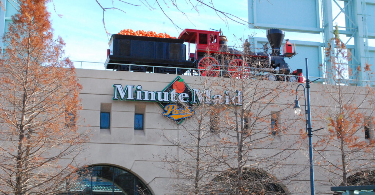 A view of the train at Minute Maid Park from the exterior wall