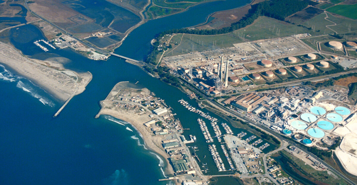 Aerial view of Moss Landing Monterey County California USA The Elkhorn slough runs the area and about 6 miles 8 km inland The huge Moss Landing Power Plant is visible at the center