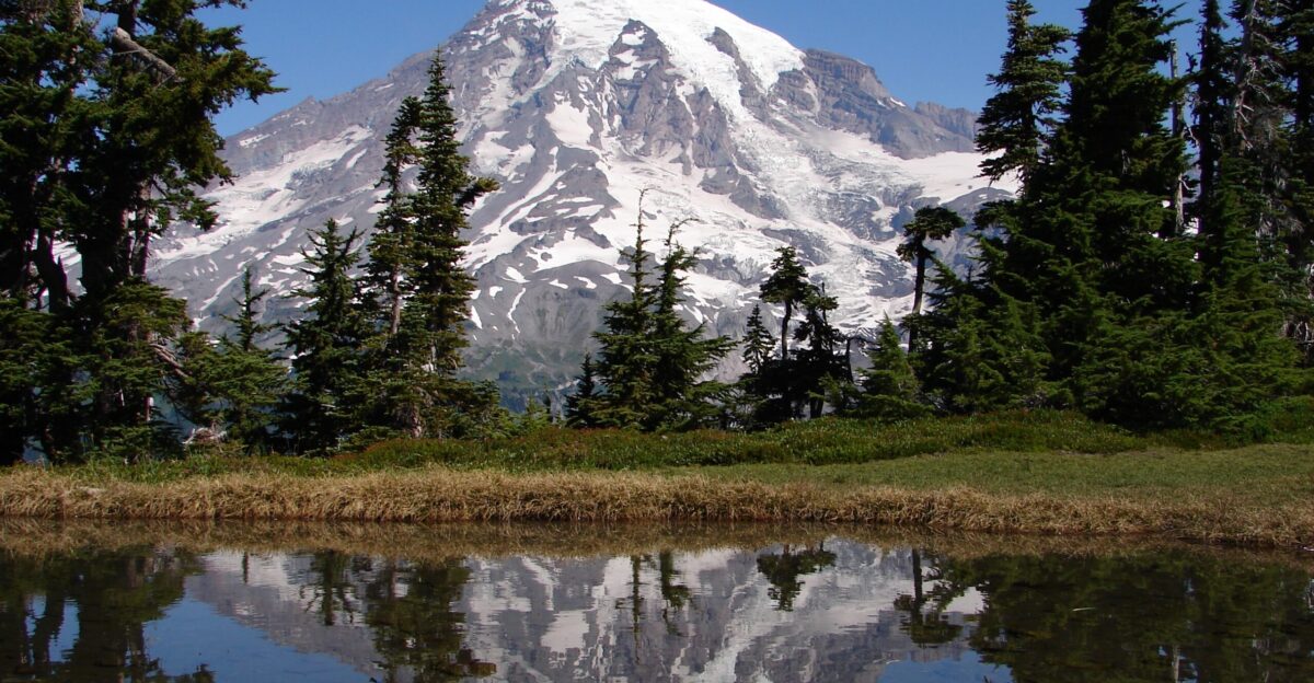 Mount Rainier reflects in a small lake at the top of the Tatoosh Range Mount Rainier National Park in the U S state of Washington