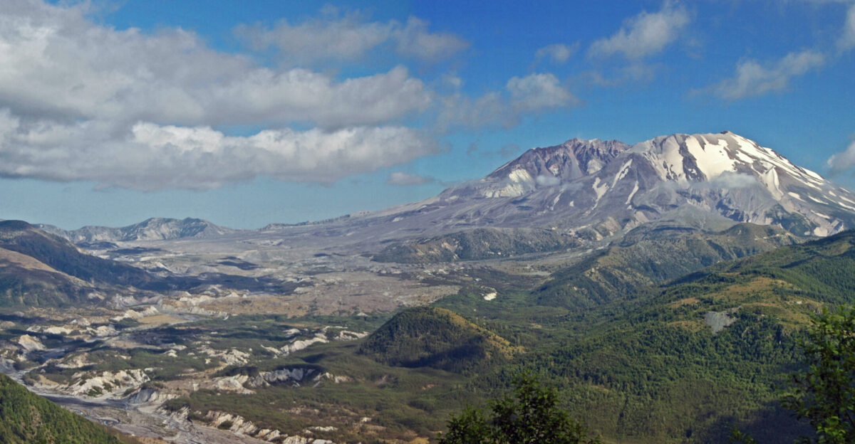Mt St Helens looking ESE photo stitch by Mary Ellen St John Mt St Helens is the most active volcano in the Cascade Range a series of subduction zone stratovolcanoes in a north-south line from northern California to Oregon to Washington State to southwestern British Columbia St Helens is a 40 000 to 50 000 year old andesitic-dacitic-basaltic volcano that typically has explosive ash eruptions as do all subduction zone stratovolcanoes The 1980 eruption was a northward-directed lateral blast that followed an enormous landslide of the northern face of the volcano The landslide was triggered by a moderate earthquake at 8 32 AM Sunday 18 May 1980 Snow and ice on the mountain melted during the eruption mixed with ash and other debris and rushed down nearby river valleys as lahars volcanic mud flows The ash lapilli and pumice erupted from Mt St Helens in May 1980 was dacite an intermediate extrusive igneous rock Most of the air-fall dacite ash fell in Washington State Oregon and Idaho but a minor amount accumulated as far east as Minnesota and Oklahoma Light dustings of ash were also observed in Ohio The 1980 eruption was the largest in recent American history The volcano was intermittently active until 1986 Minor activity occurred from 1989 to 1991 and from 2004 to 2006 The area is now a park national volcanic monument and is accessible to tourists This summer 2012 photo is looking up the Toutle River Valley toward the northwestern face of the volcano The top third of the mountain was blown away during the 1980 eruption Much of the landscape is still nonvegetated and covered with gray volcanic tephra Location Mt St Helens northwestern Skamania County Cascade Range southwestern Washington State USA 46 12 04 North 122 11 18 West