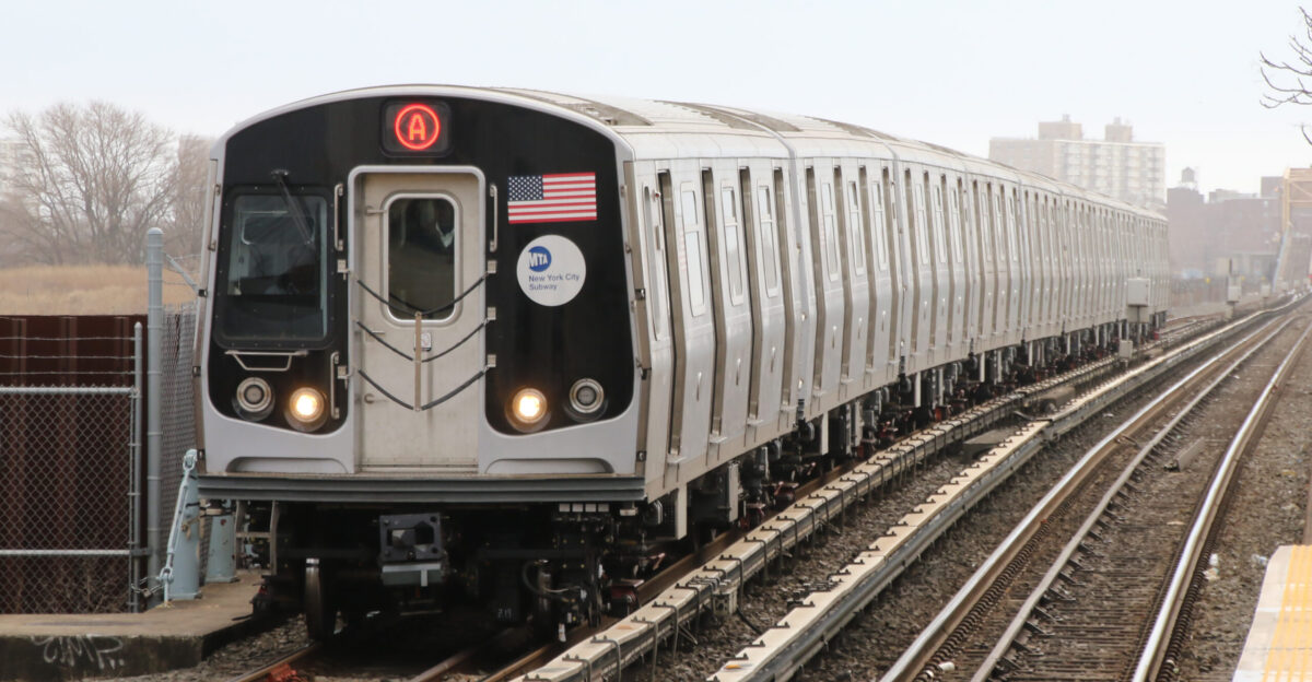 MTA NYC Subway A train of Bombardier R179 cars arriving Broad Channel