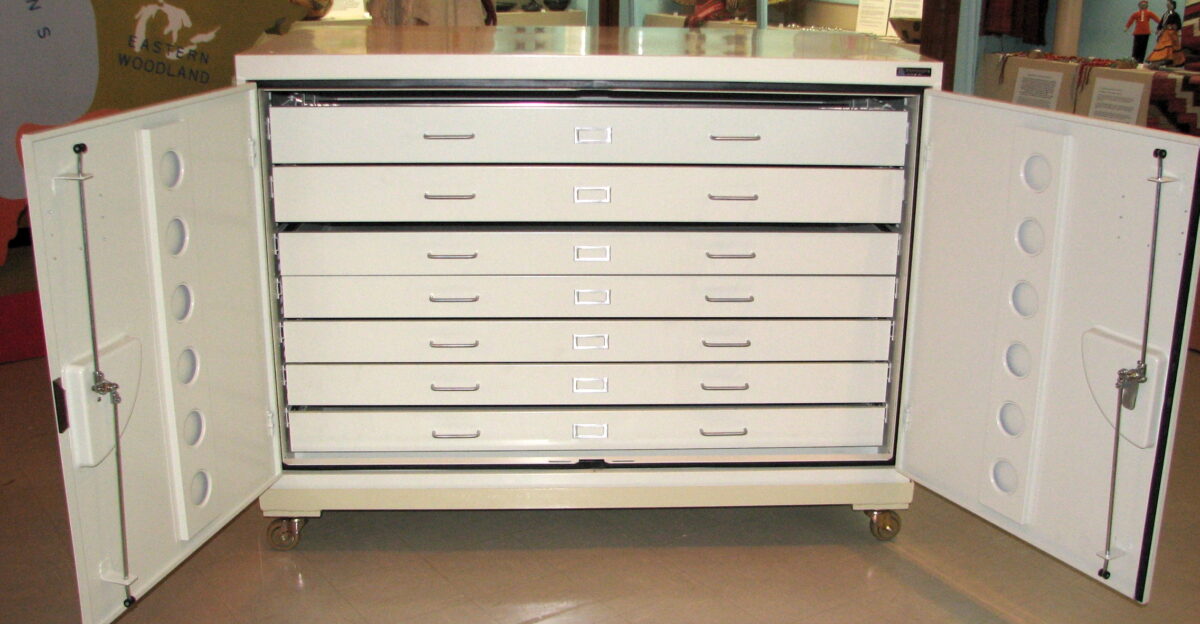 Museum flat file storage cabinet also known as a map storage cabinet