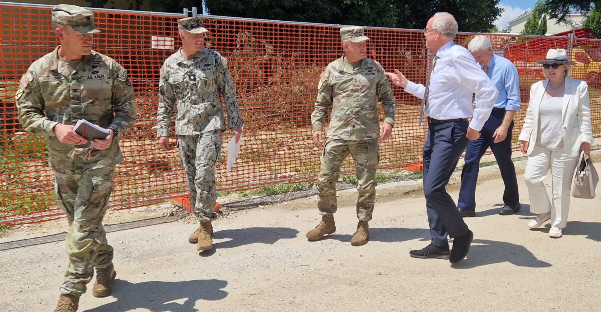 VICENZA Italy - Maj Gen Todd Wasmund the Commanding General of U S Army Southern European Task Force Africa along with U S Army Garrison Italy Commander Col Scott Horrigan and Navy Commander Jonathan Horner Resident Officer in Charge of Construction ROICC Northern Italy welcome Senators Jerry Moran R-KS third from right Bill Cassidy R-LA second from right and Kirsten Gillibrand D-NY right on a recent congressional visit to oversee progress on military housing construction Photo by Chelsy Lyons USAG Italy Public Affairs Intern