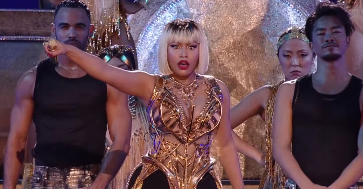 Nicki Minaj performs a medley of Majesty Barbie Dreams Ganja Burn and FeFe at the 2018 Video Music Awards in New York City