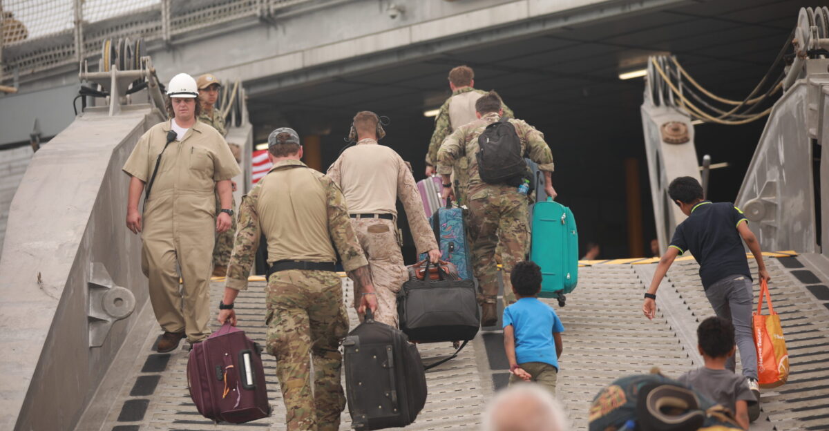 U S citizens and others who have requested departure from Sudan board the Military Sealift Command expeditionary fast transport ship USNS Brunswick T-EPF 6 while it moors in Port Sudan April 30 2023 Brunswick has made two trips from Port Sudan while supporting the Department of State s efforts to evacuate U S citizens and others who have requested departure from Sudan
