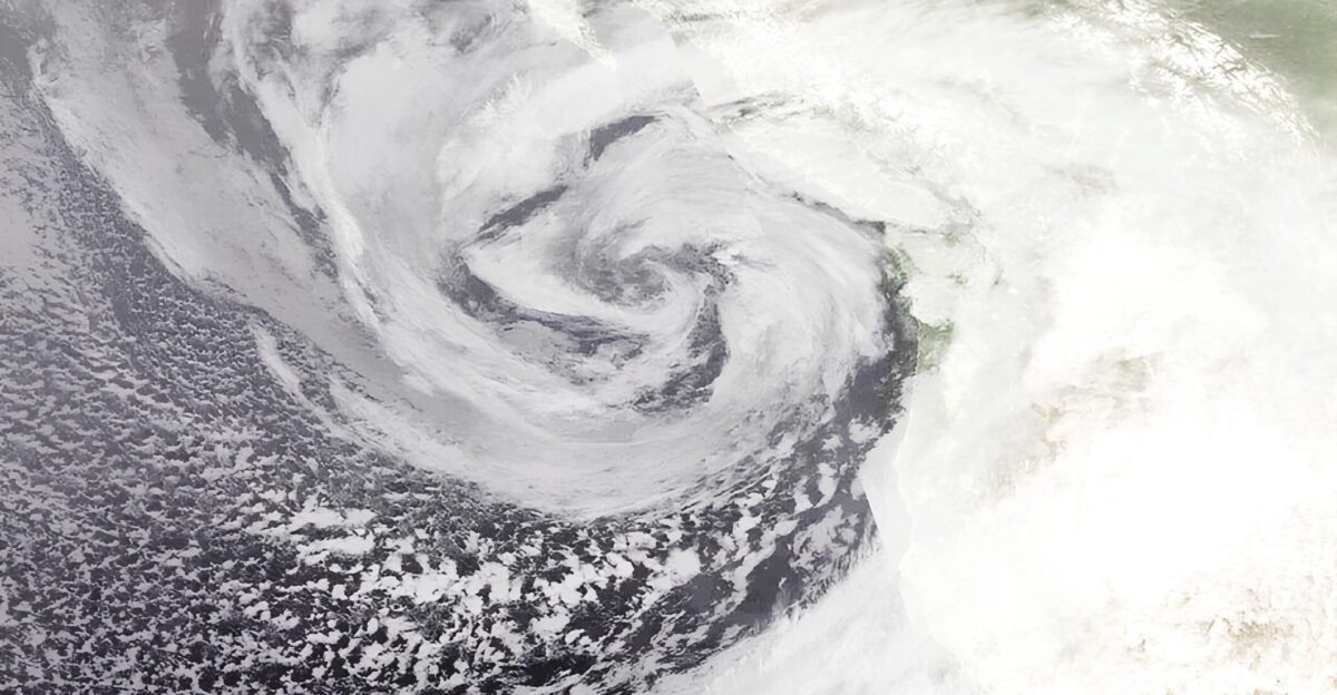 Satellite imagery from NASA showing a 942 5 mbar bomb cyclone approaching the Pacific Northwest on October 24 2021