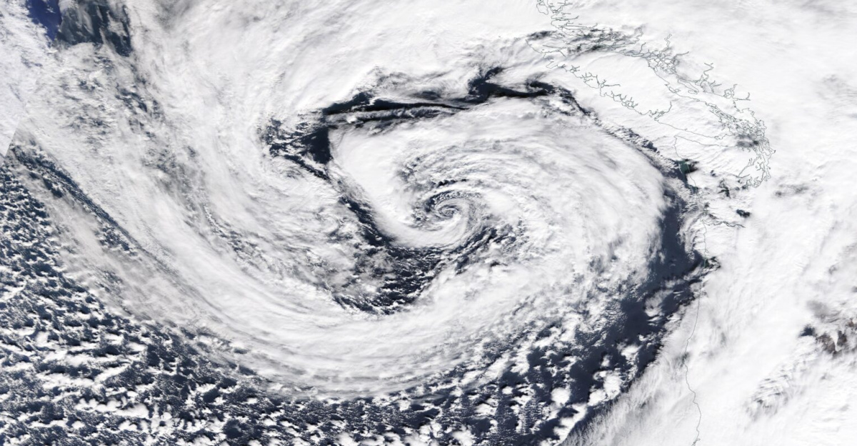 Satellite image of the third October 2021 Northeast Pacific bomb cyclone several hours prior to its peak intensity off the coast of the West Coast of the United States, on October 24, 2021. The bomb cyclone was the third and the most powerful system in a series of three extratropical cyclones that struck western North America within a week. This storm broke pressure records, and it was the strongest extratropical cyclone (in terms of minimum pressure) to affect the region on record.
