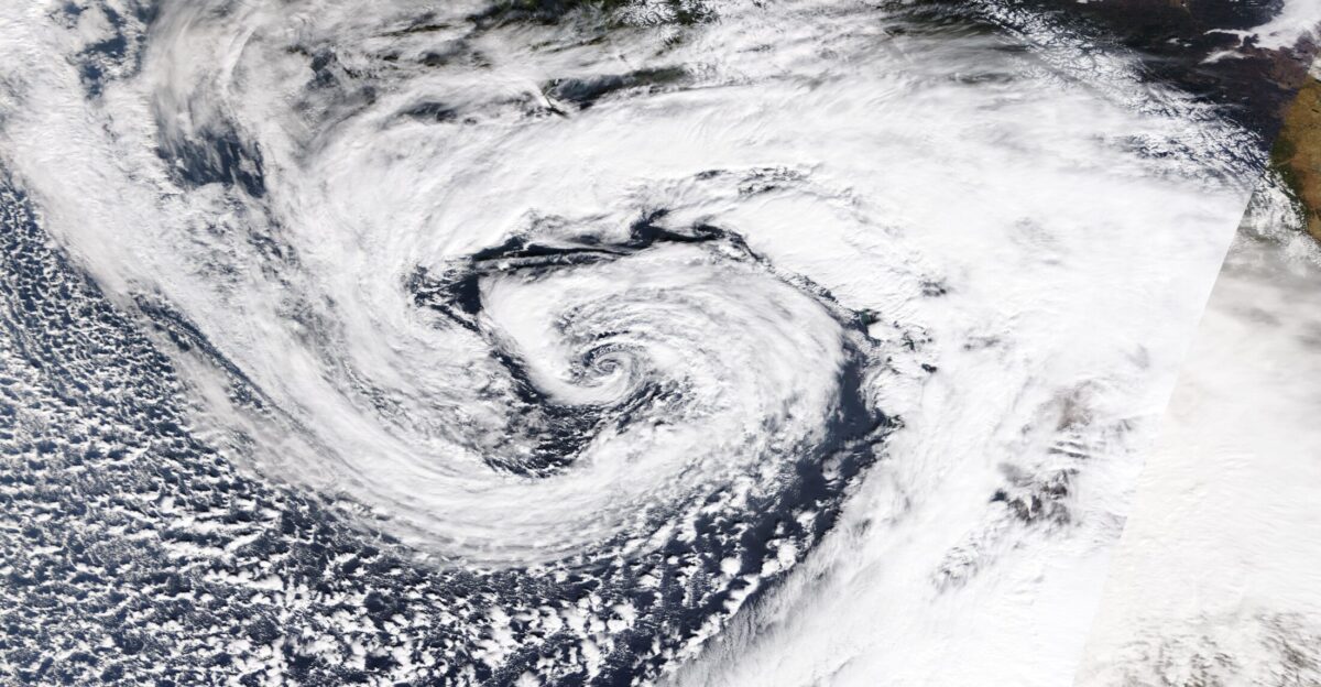 Satellite imagery from NASA showing a 942 5 mbar bomb cyclone approaching the Pacific Northwest on October 24 2021