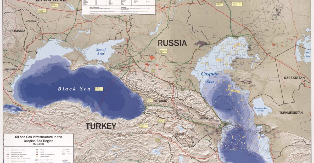 Shows oilfields gasfields pipelines refineries concession areas and tanker terminals Relief shown by shading Depths shown by contours and gradient tints 751972AI R02051 3-01 Also covers Black Sea region Sheet also issued folded to 19 x 26 cm Includes notes and directory of Major energy companies in the Caspian Sea region Available also through the Library of Congress Web site as a raster image