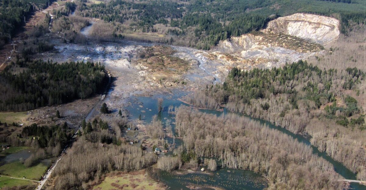 Oblique aerial photograph of the 2014 landslide in northwest Washington This image shows the entire extent of the landslide source area and path This event is commonly named the Oso Landslide in many official reports It is also referred to as the SR530 Landslide as named by Snohomish County and Washington State Credit Mark Reid USGS