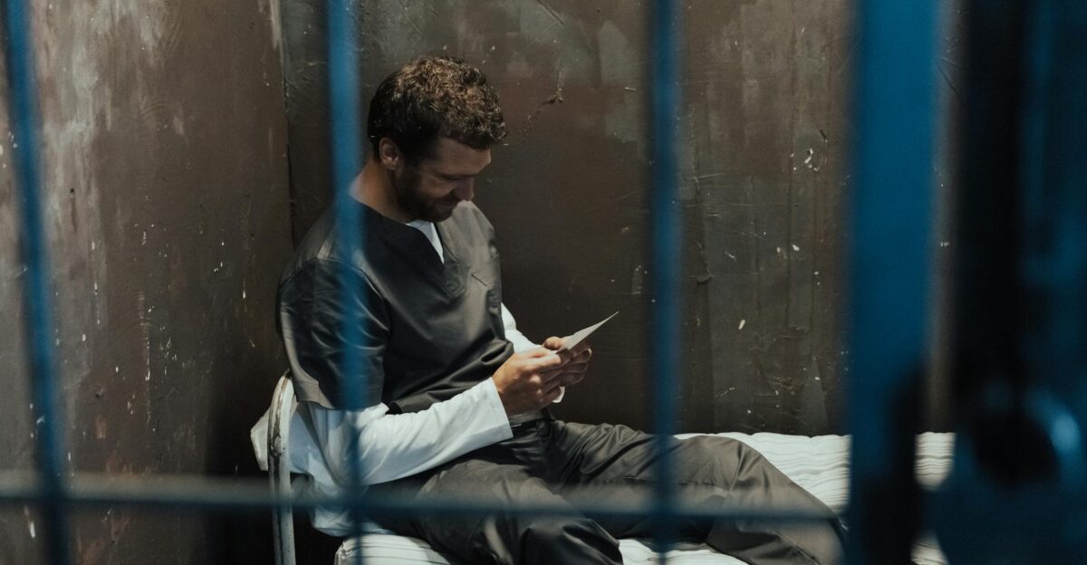 A male prisoner sits on a bed in a jail cell reading a letter with focused expression
