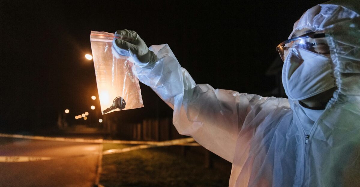 Crime scene investigator examines evidence in a nighttime urban setting