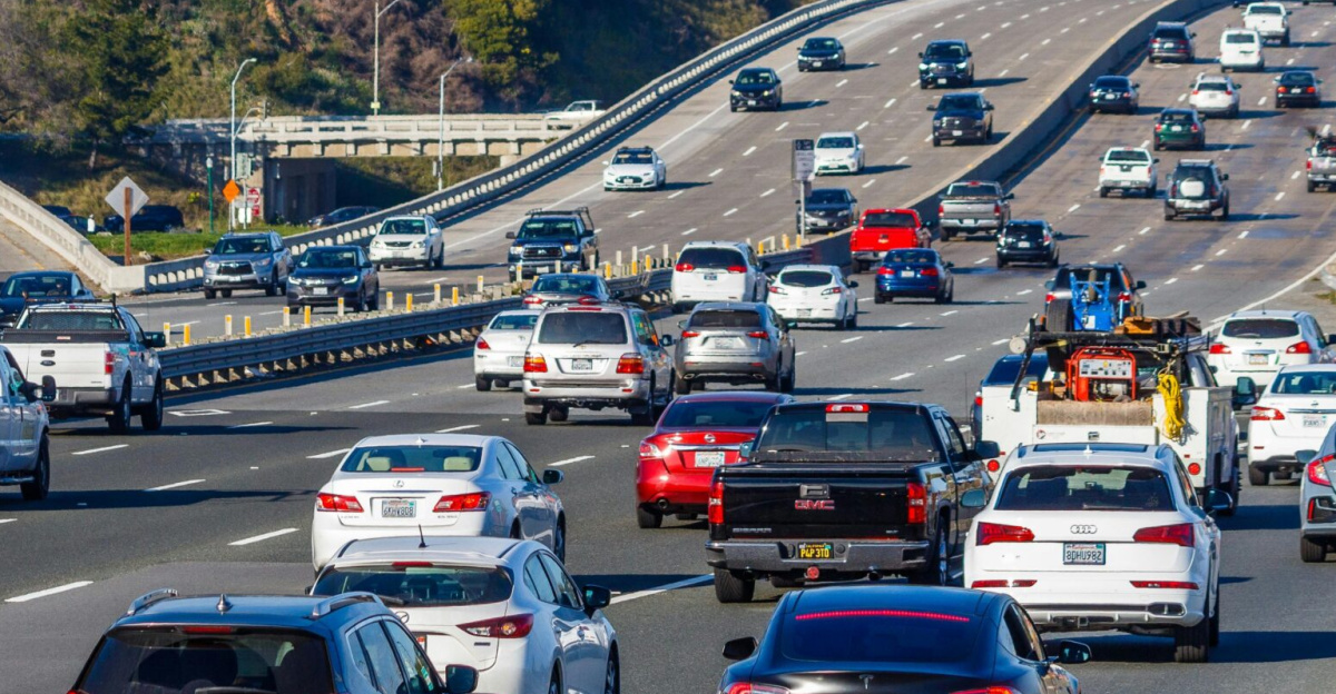 Highway with dense traffic near San Anselmo, showcasing a busy transportation system.