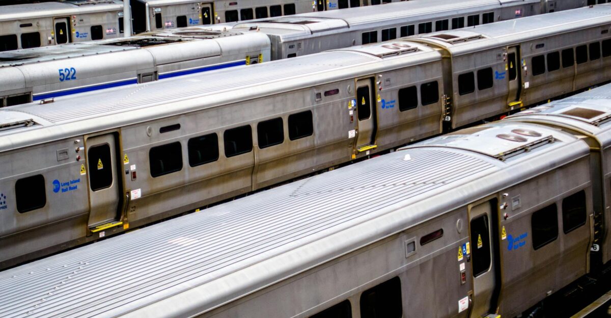 Aerial view of Long Island Rail Road trains in a station in New York Perfect for travel and transportation themes